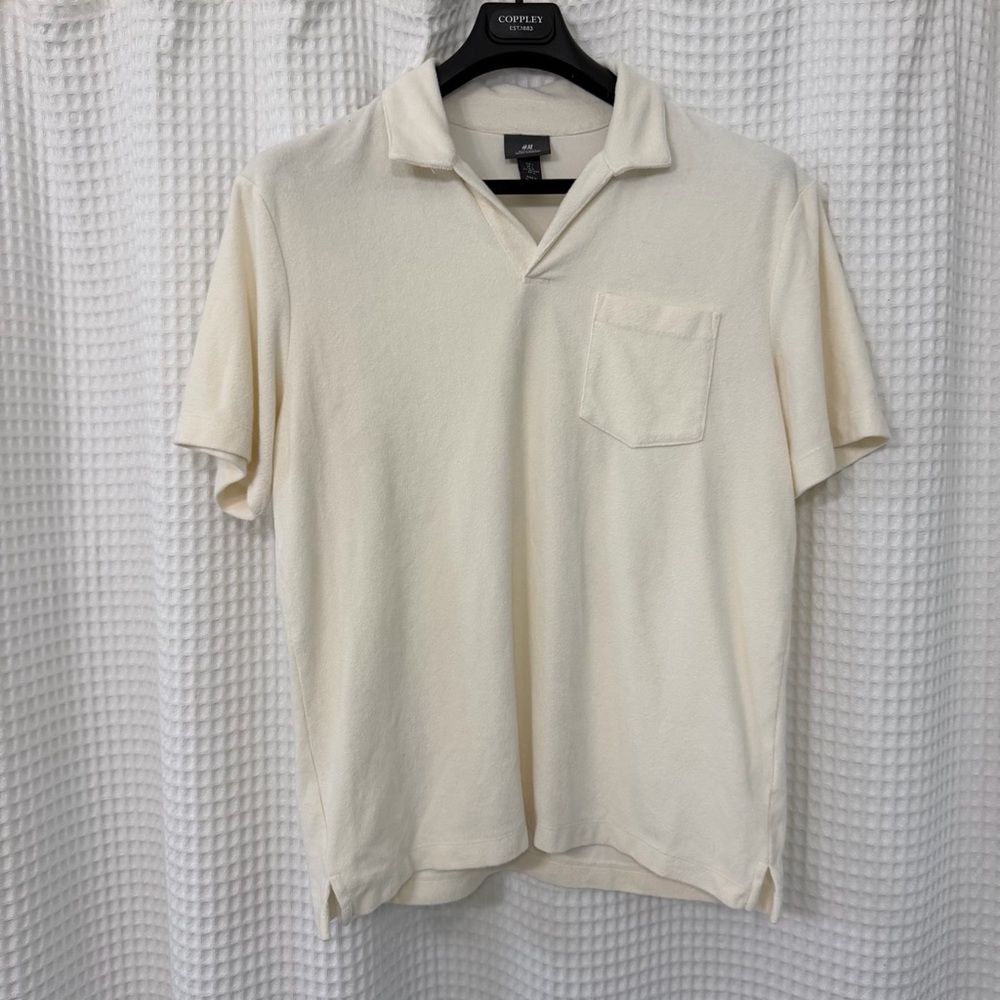 H&M Men’s Cream Terry Cloth Polo Shirt | Regular Fit | Size Large